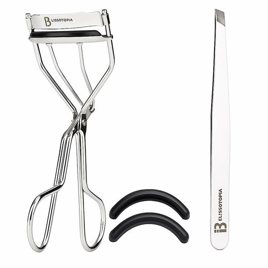 BLISSOTOPIA 2-in-1 Eyelash Curler and Tweezer Set Silver Travel Friendly