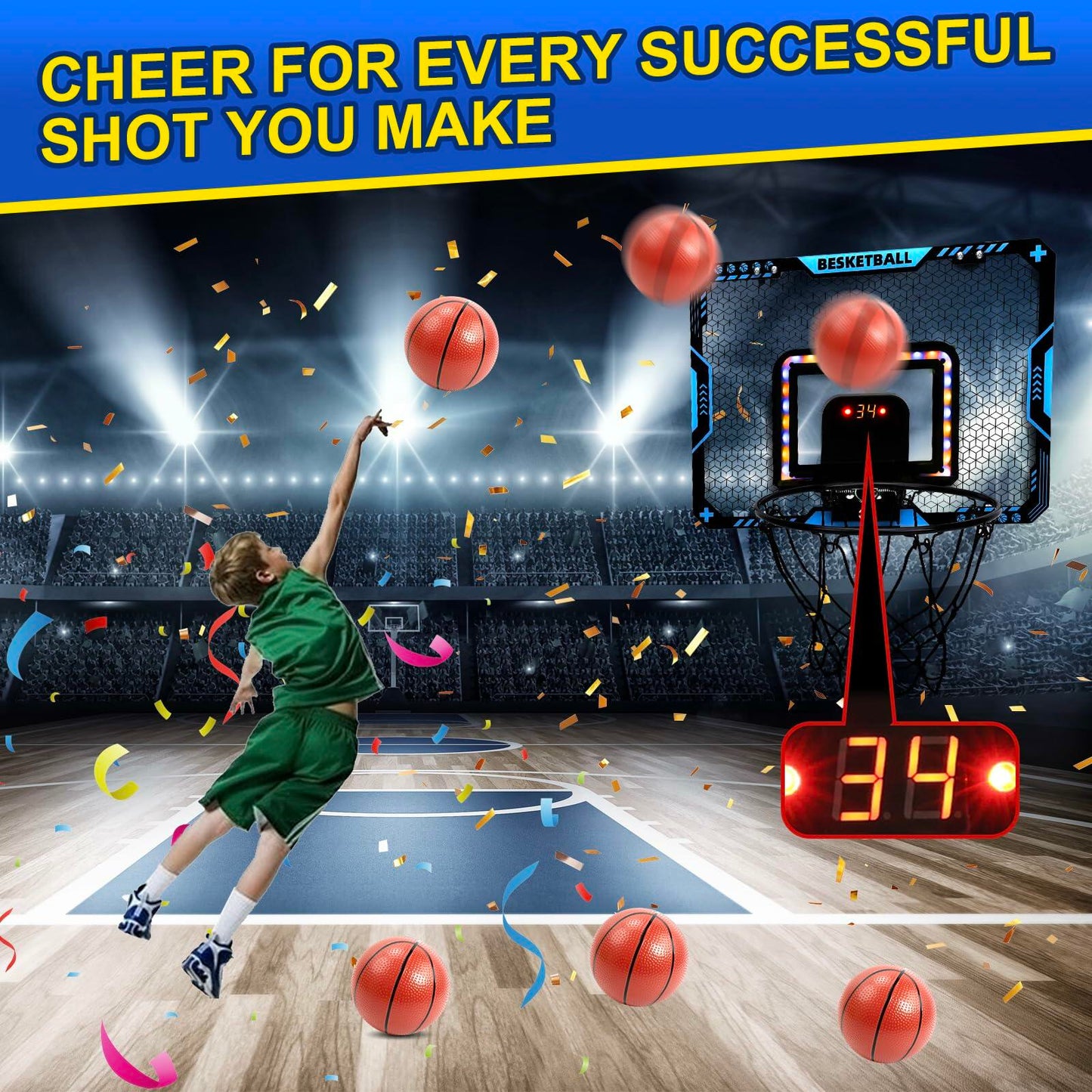 COUOMOXA Kids Basketball Hoop Set with LED Scoreboard Indoor Wall Mount Black