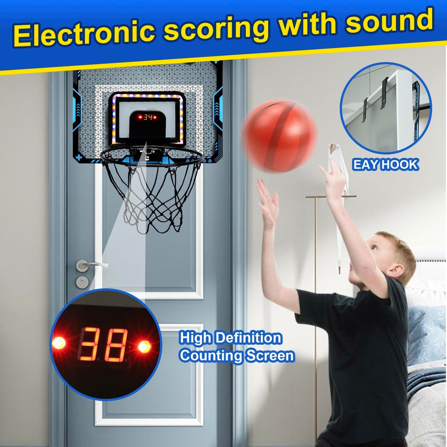 COUOMOXA Kids Basketball Hoop Set with LED Scoreboard Indoor Wall Mount Black