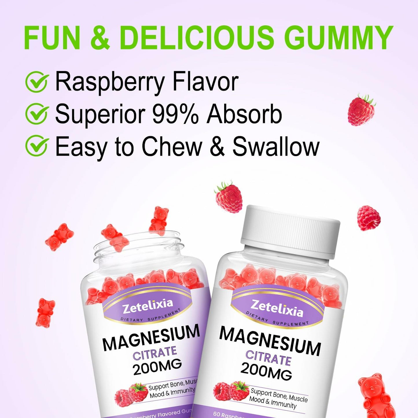 BestBy05/26 Zetelixia Magnesium Citrate Gummies 120 Ct Vegan Raspberry 2 Pack