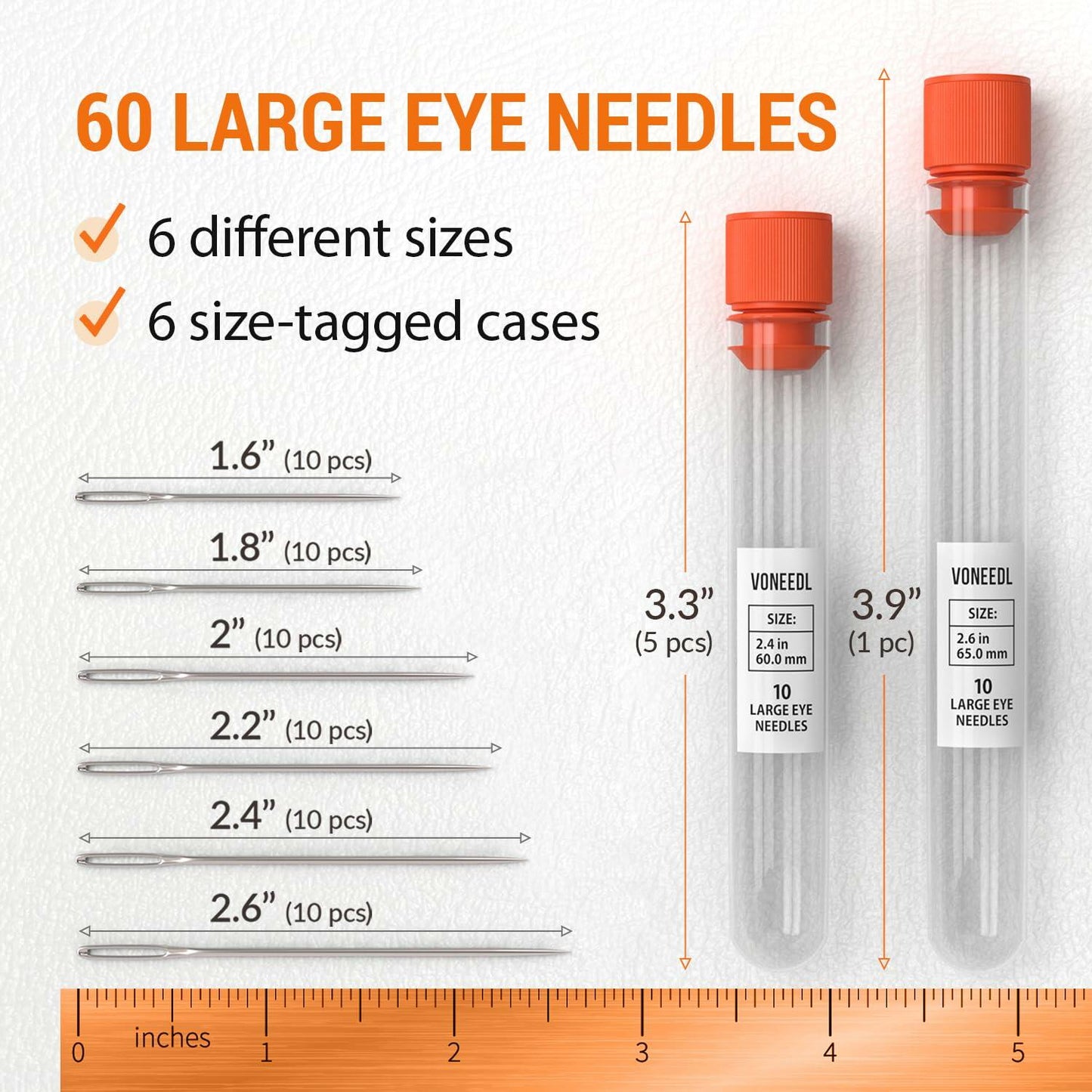 VONEEDL Large Eye Sharp Sewing Needles 6 Sizes 60 PCS Easy Thread