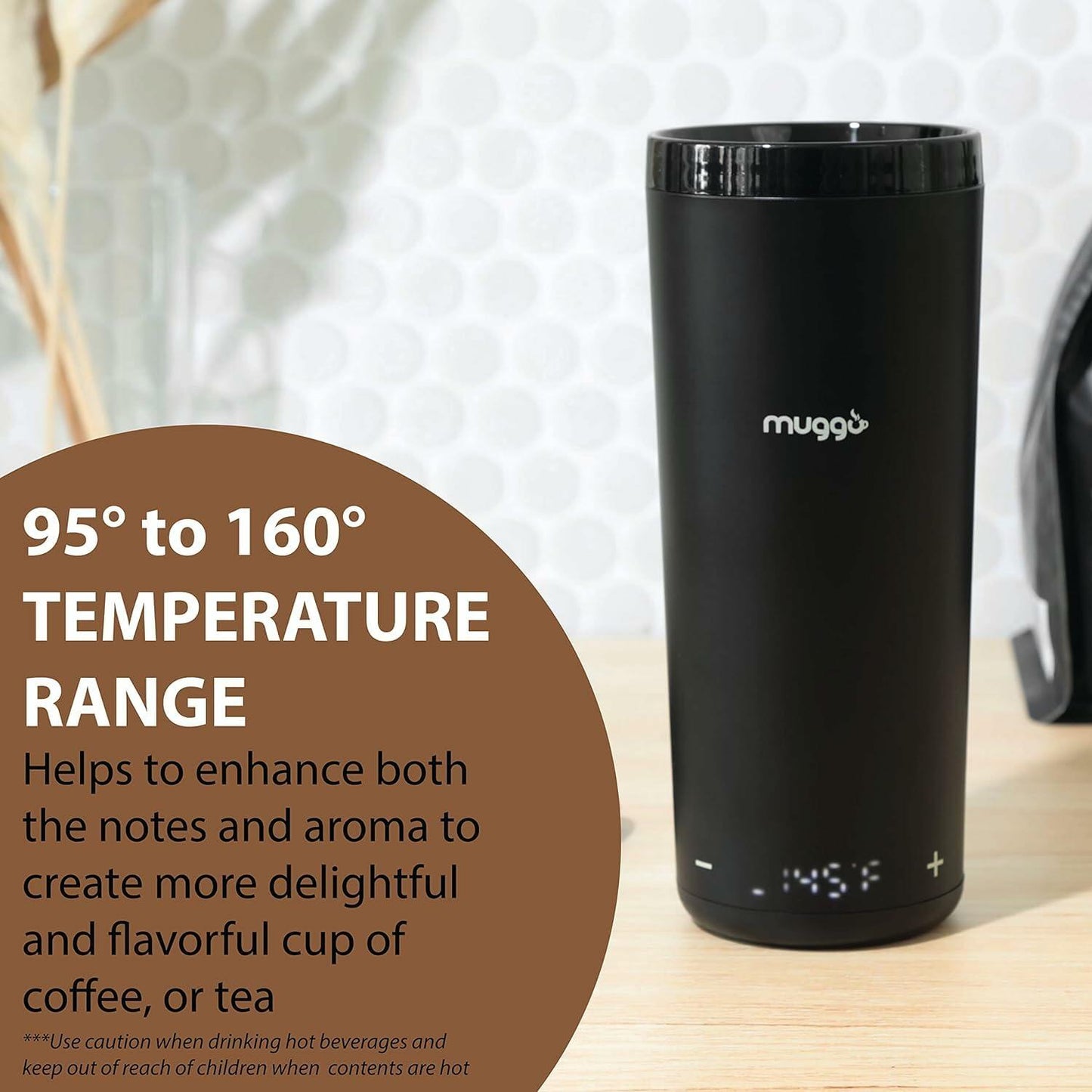 Muggo 12oz Self-Heating Coffee Mug Black Battery Powered Travel Warmer