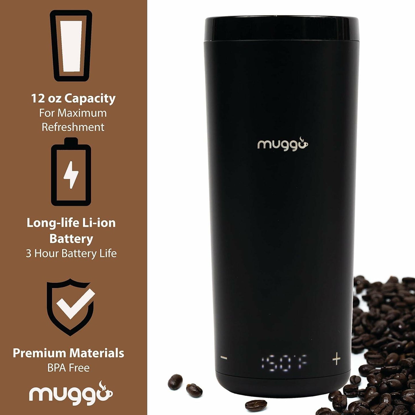 Muggo 12oz Self-Heating Coffee Mug Black Battery Powered Travel Warmer