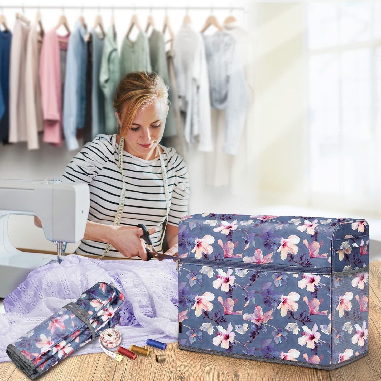 FINPAC Sewing Machine Dust Cover with Pockets for Singer Brother Janome