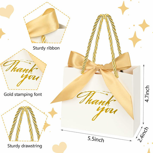 Xylitic Thank You Gift Bags White Gold Ribbon Small 5.5x2.4x4.7 Inch 24 Pack