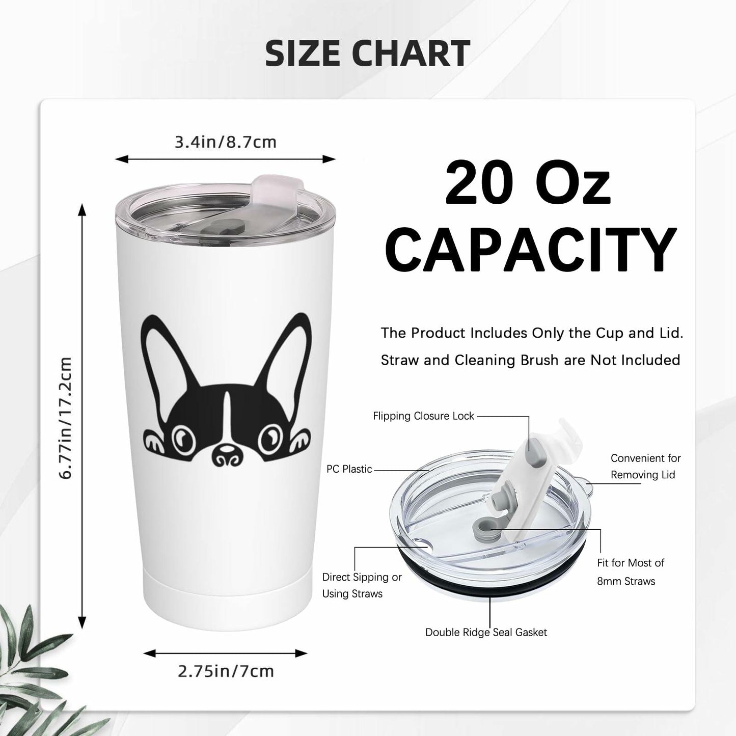 Fenmshairy Boston Terrier Stainless Steel Tumbler 20oz Travel Mug Lid