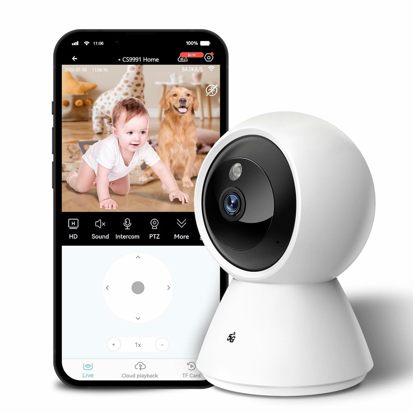 BJR 2K HD Indoor WiFi Security Camera Pan/Tilt Night Vision 2-Way Talk White