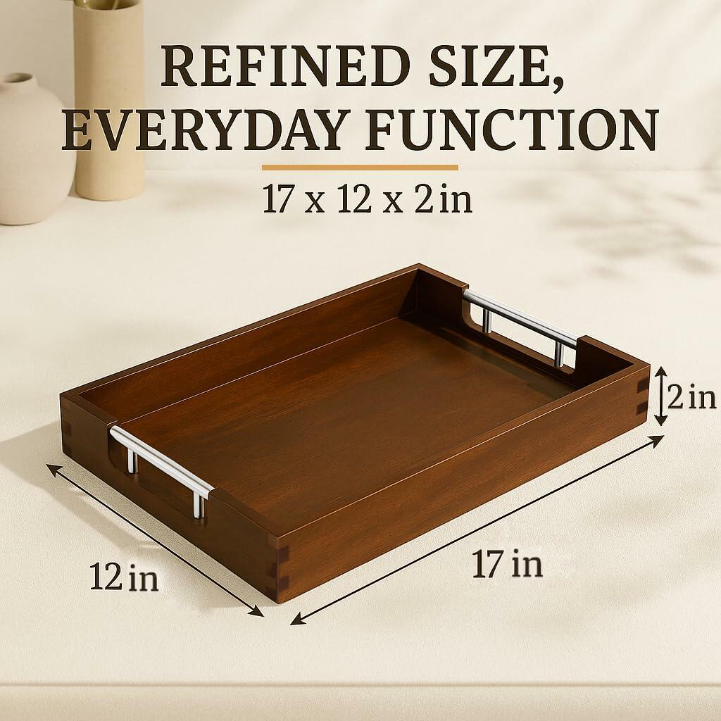 Swyftee Acacia Wood Serving Tray 17x12x2in Dark Brown with Silver Handles