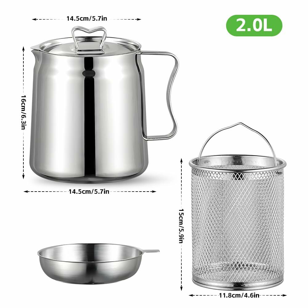 Jemey 2L Stainless Steel Oil Strainer Pot with Mesh Filter Tray & Lid Silver