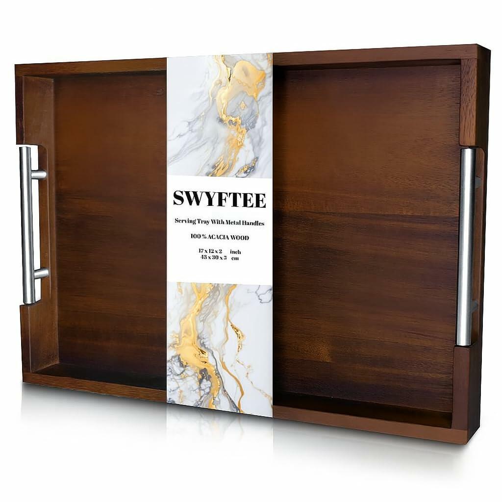 Swyftee Acacia Wood Serving Tray 17x12x2in Dark Brown with Silver Handles