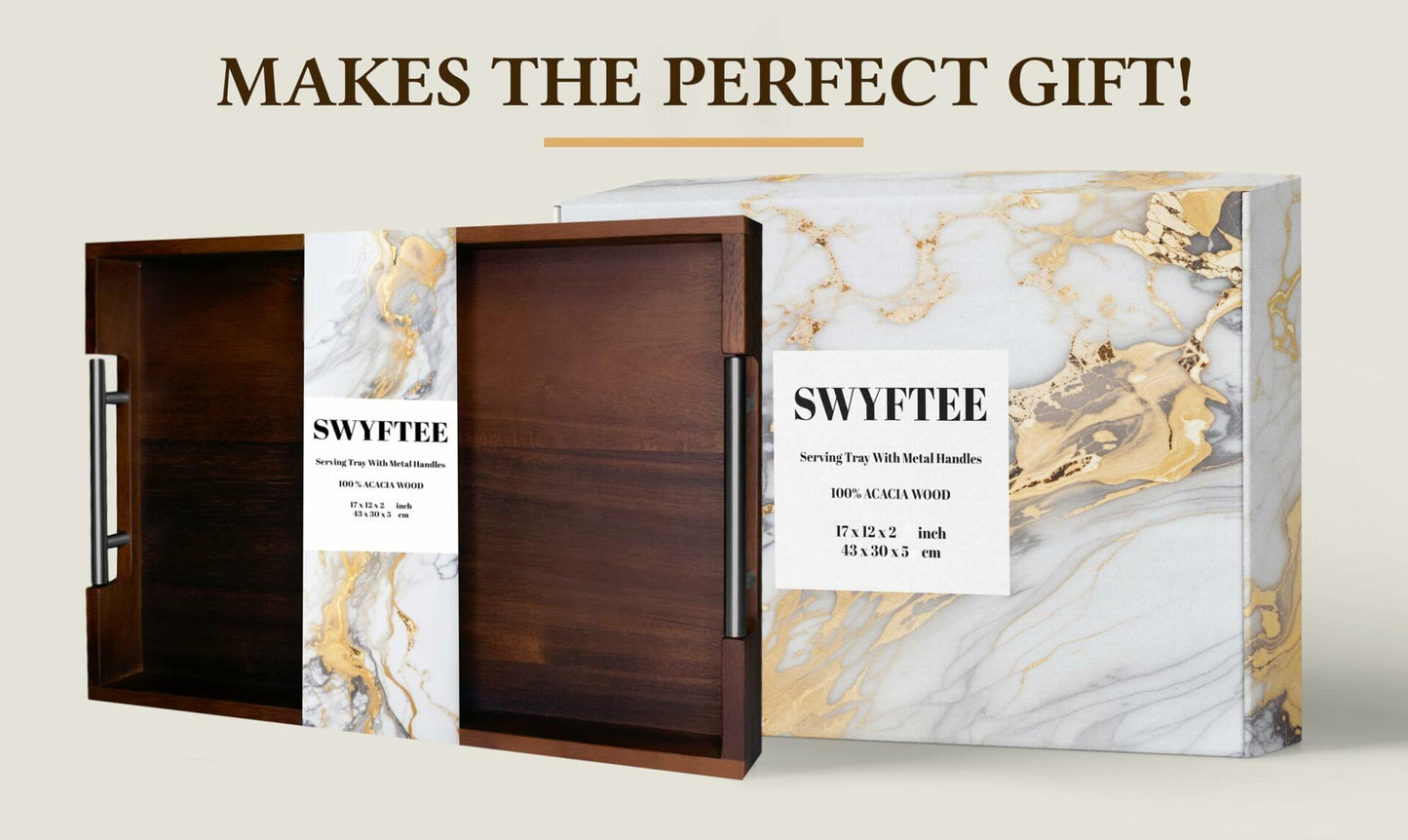 Swyftee Acacia Wood Serving Tray 17x12x2in Dark Brown with Silver Handles