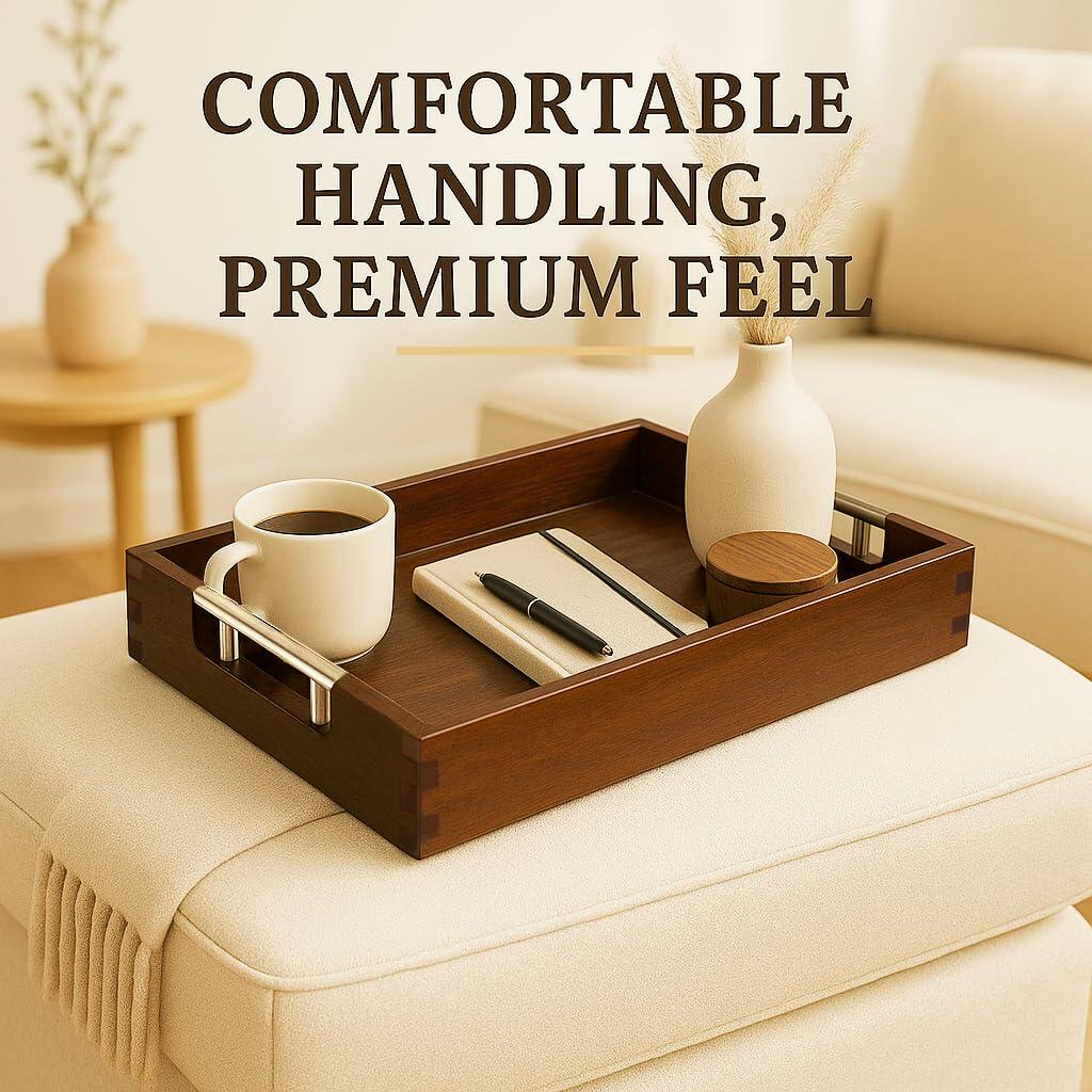 Swyftee Acacia Wood Serving Tray 17x12x2in Dark Brown with Silver Handles