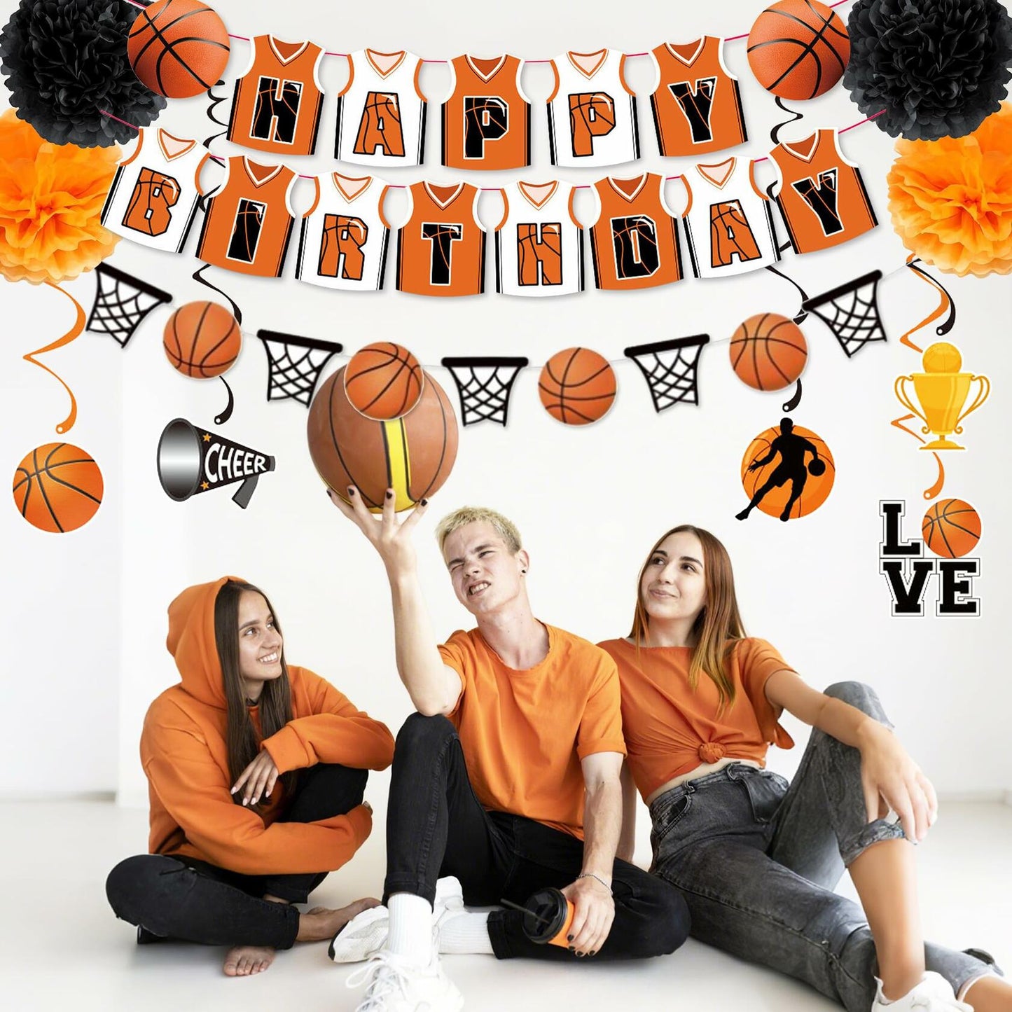 ChenjunCo Basketball Party Decorations Banner Garland Pom Poms Kids Birthday