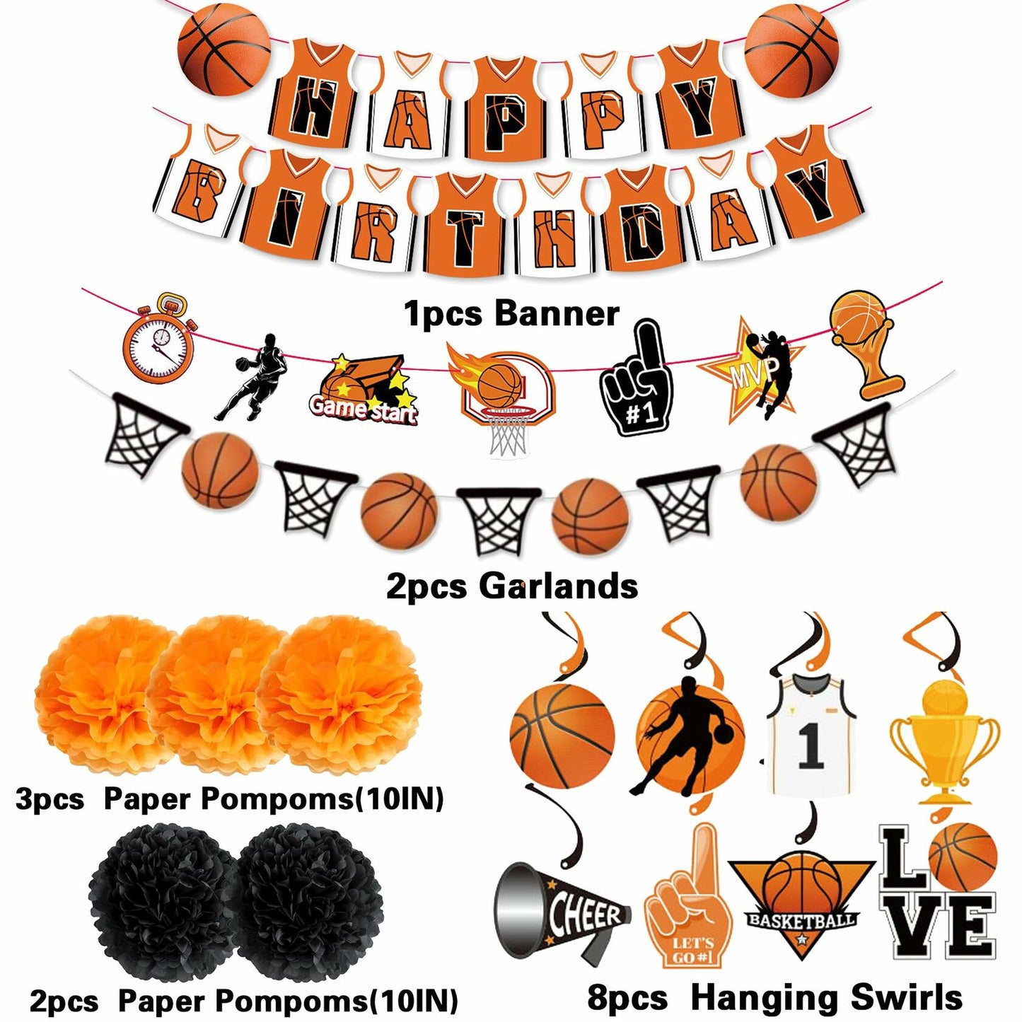ChenjunCo Basketball Party Decorations Banner Garland Pom Poms Kids Birthday