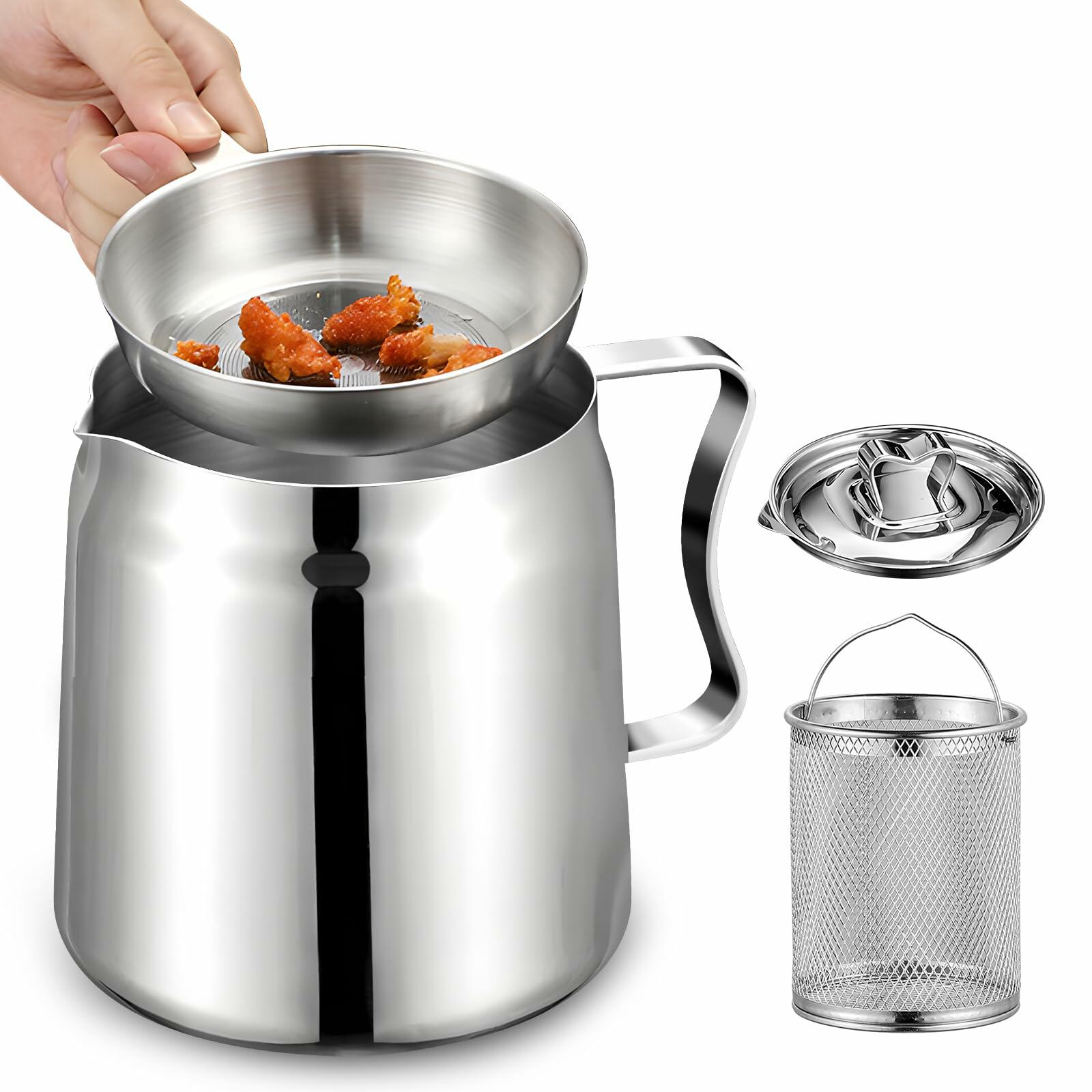 Jemey 2L Stainless Steel Oil Strainer Pot with Mesh Filter Tray & Lid Silver