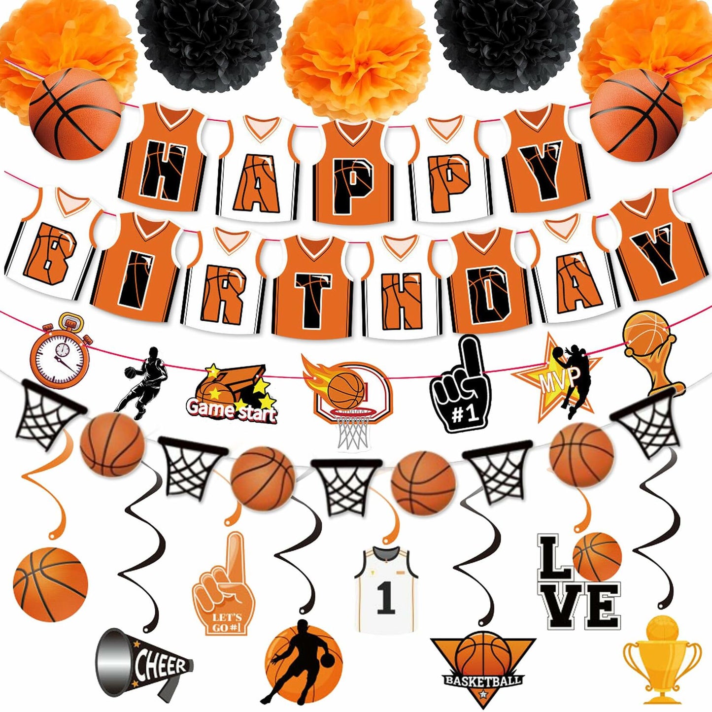 ChenjunCo Basketball Party Decorations Banner Garland Pom Poms Kids Birthday