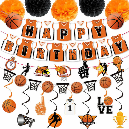 ChenjunCo Basketball Party Decorations Banner Garland Pom Poms Kids Birthday