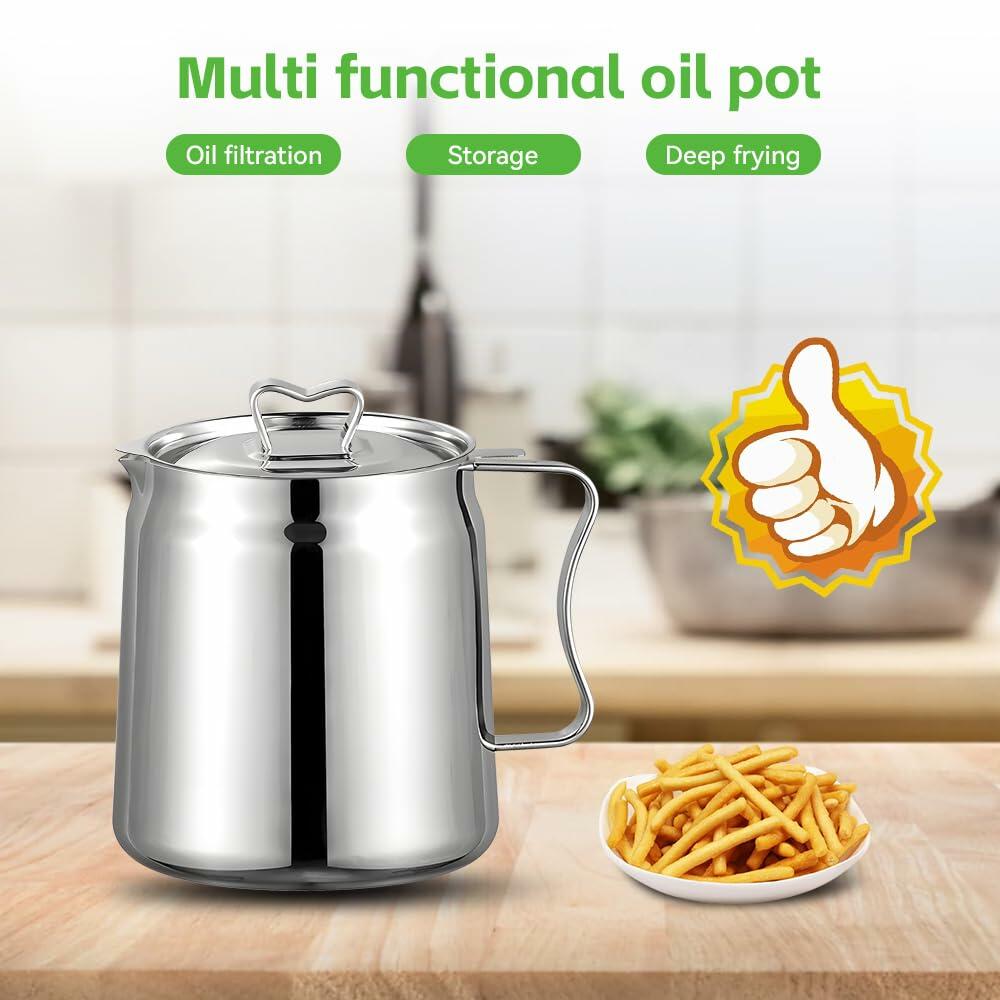 Jemey 2L Stainless Steel Oil Strainer Pot with Mesh Filter Tray & Lid Silver