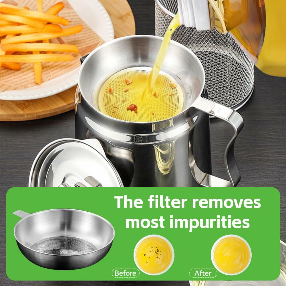 Jemey 2L Stainless Steel Oil Strainer Pot with Mesh Filter Tray & Lid Silver