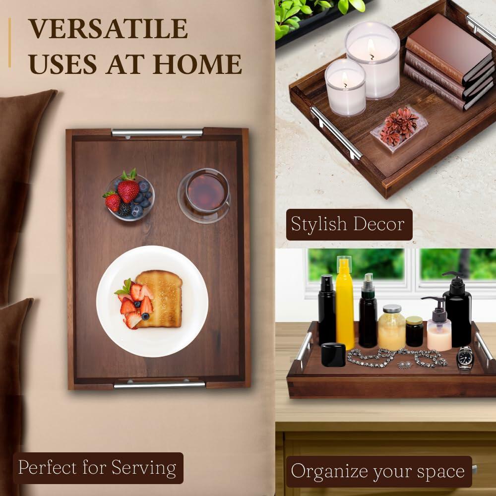 Swyftee Acacia Wood Serving Tray 17x12x2in Dark Brown with Silver Handles
