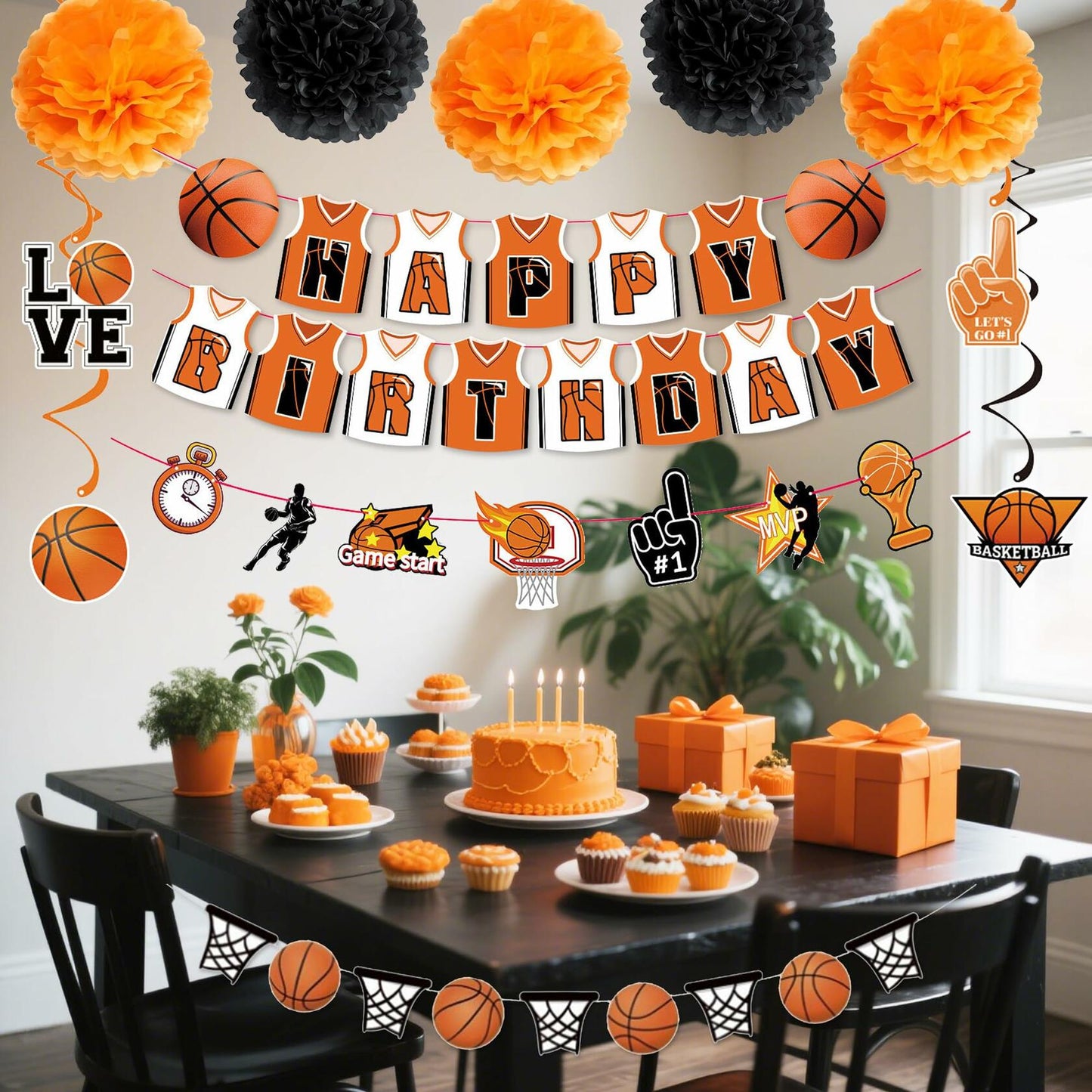ChenjunCo Basketball Party Decorations Banner Garland Pom Poms Kids Birthday
