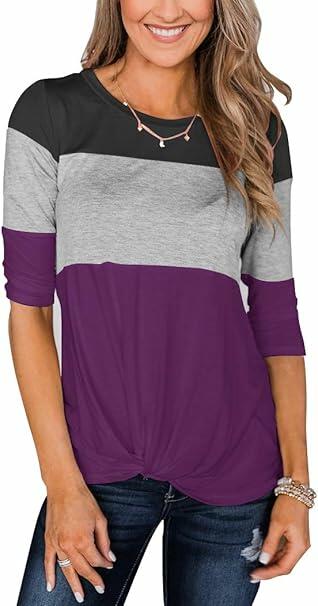 Minthunter Women's Long Sleeve Color Block T-Shirt Round Neck Black-GR-Purple XL