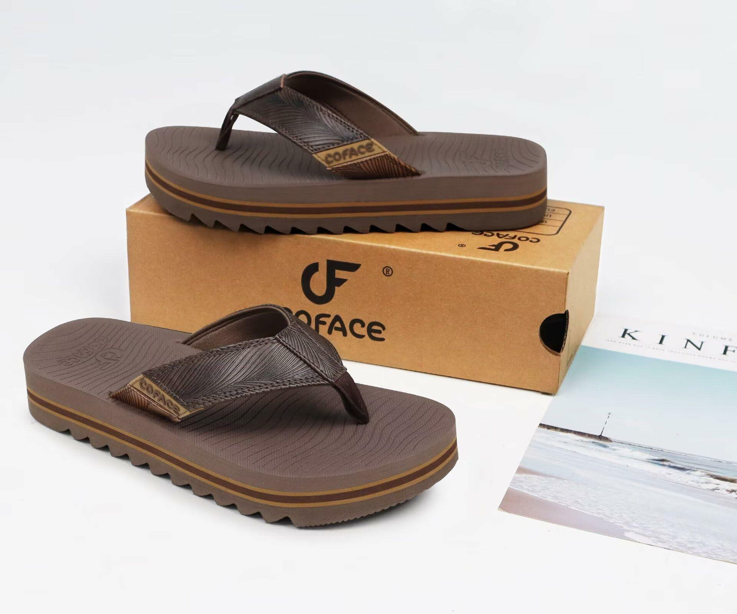 COFACE Mens Arch Support Leather Flip Flops Brown Size 11