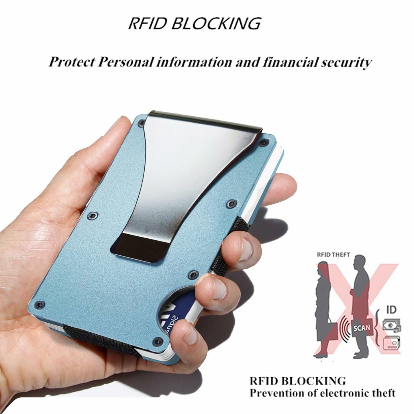 Generic Minimalist Aluminum Credit Card Wallet with Money Clip RFID Blue