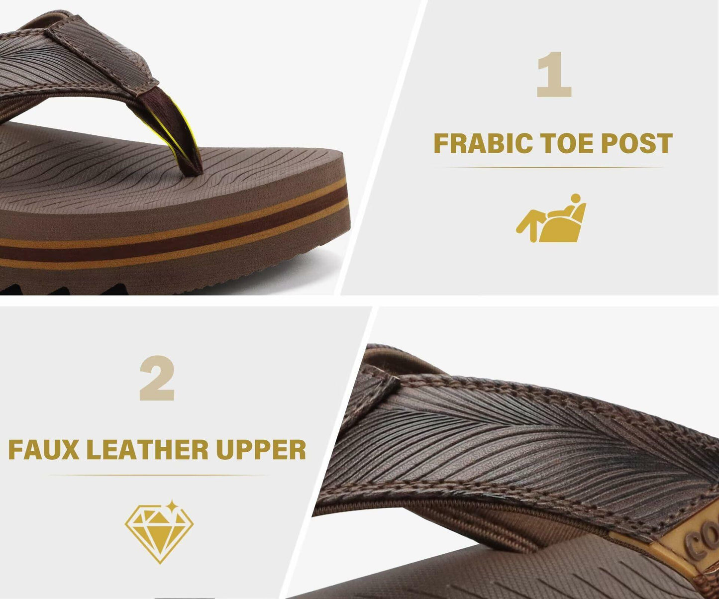 COFACE Mens Arch Support Leather Flip Flops Brown Size 11