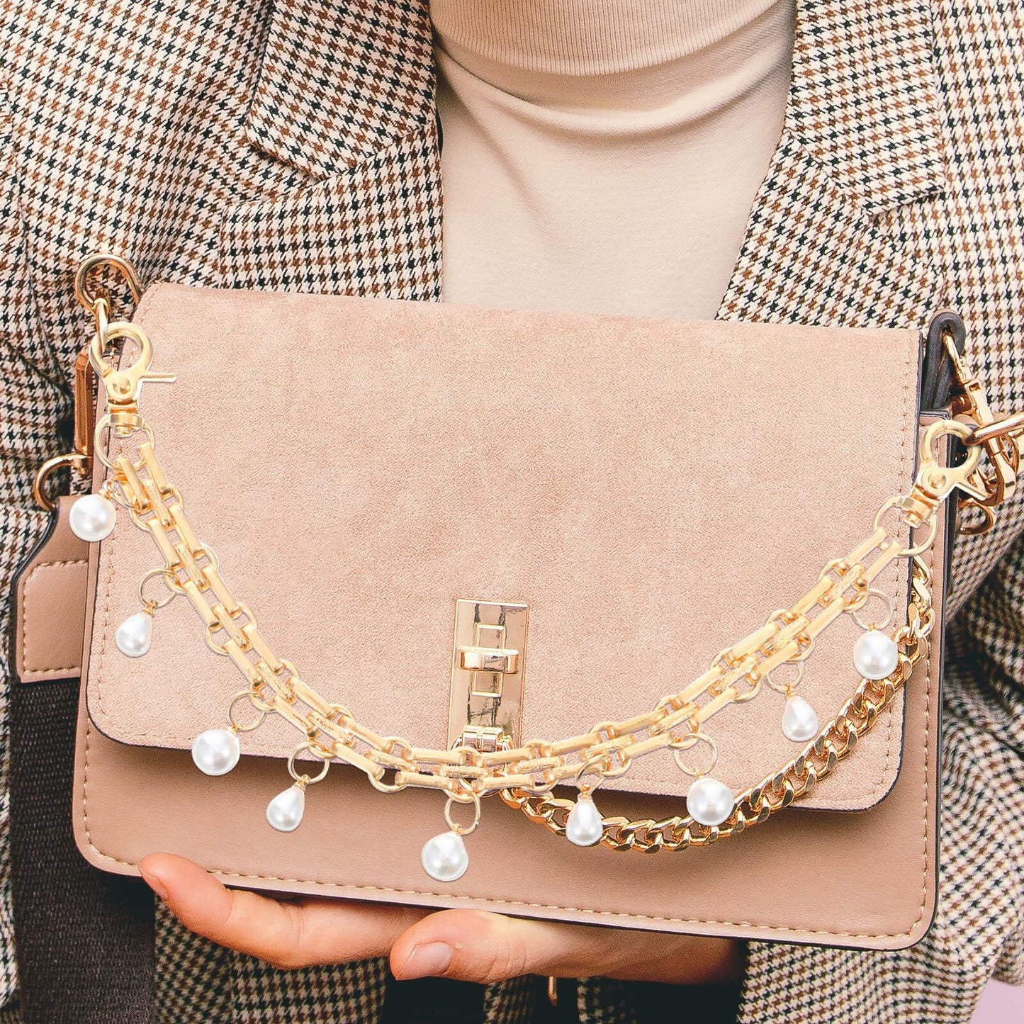 Josojoou 2 Pack Purse Extender Chains Gold Alloy Pearl Accent 10.2 Inch