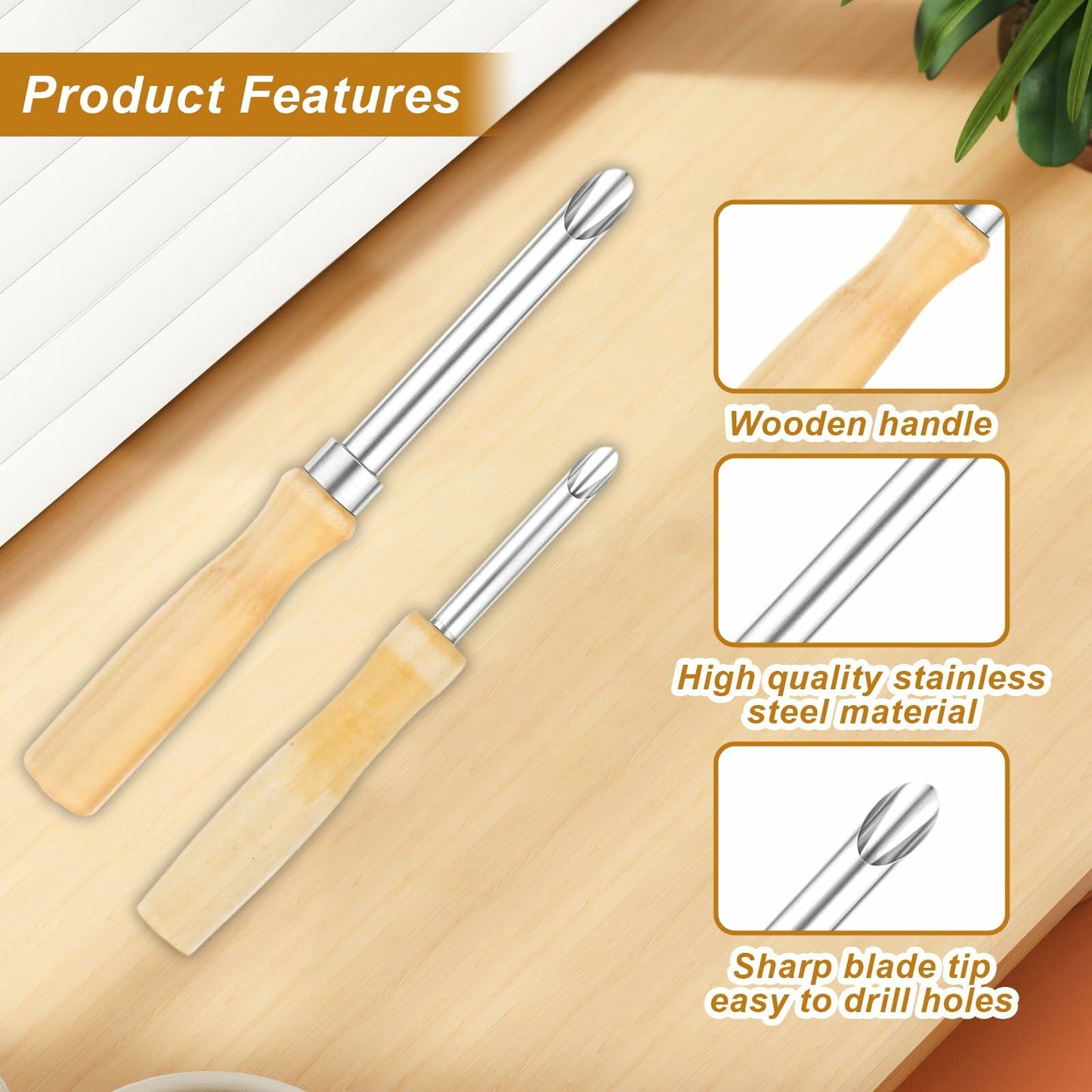 Lusofie 2 Pack Stainless Steel Straw Hole Puncher with Wood Handle
