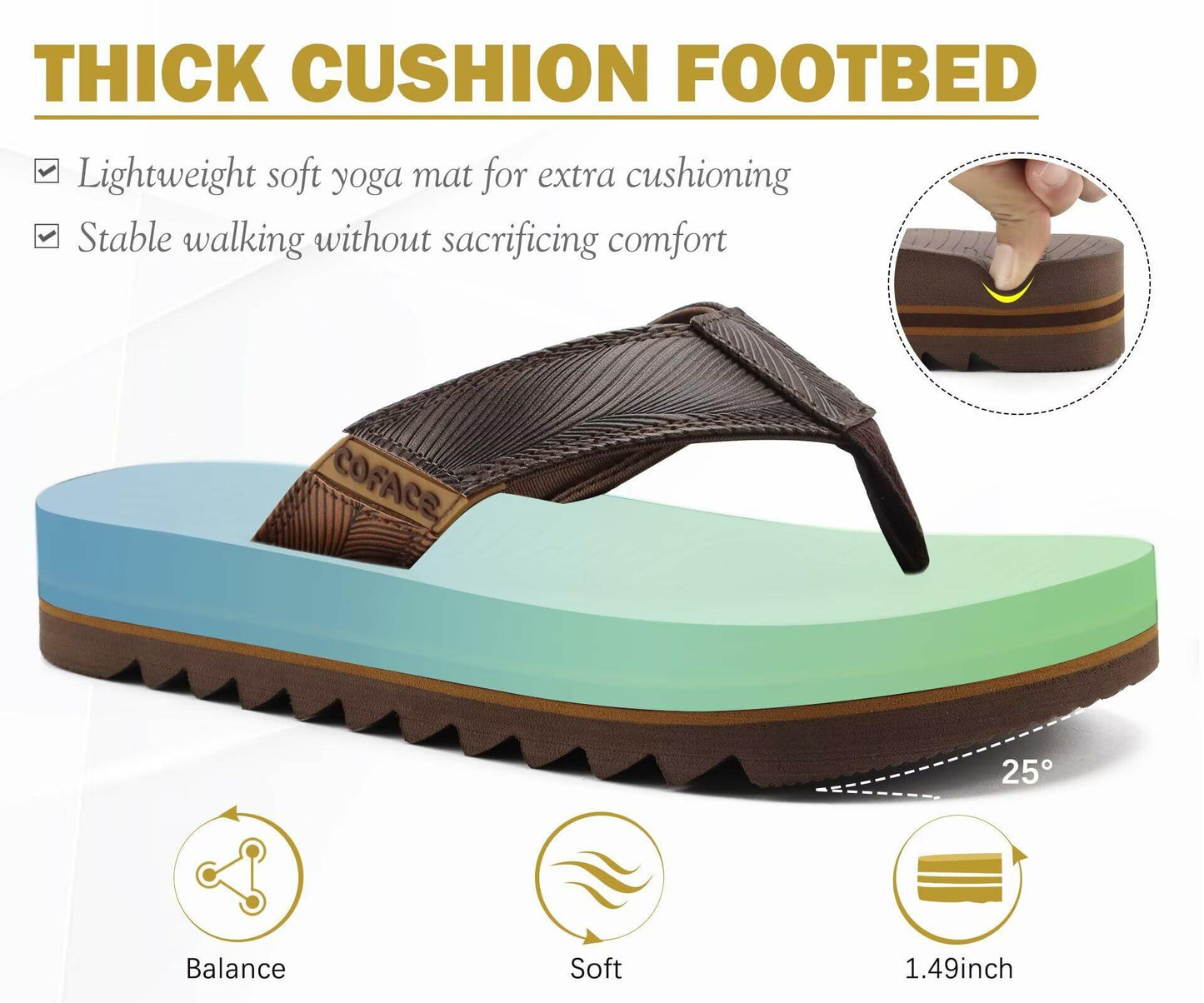 COFACE Mens Arch Support Leather Flip Flops Brown Size 11