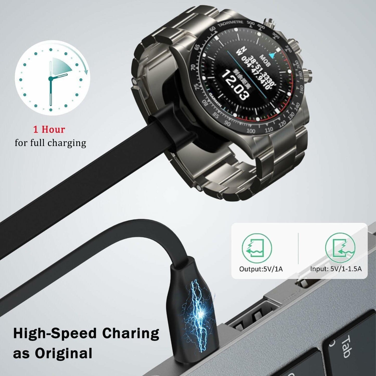 ukiism USB Charging Cable for Garmin MARQ Gen 2 Magnetic Black 3.3ft