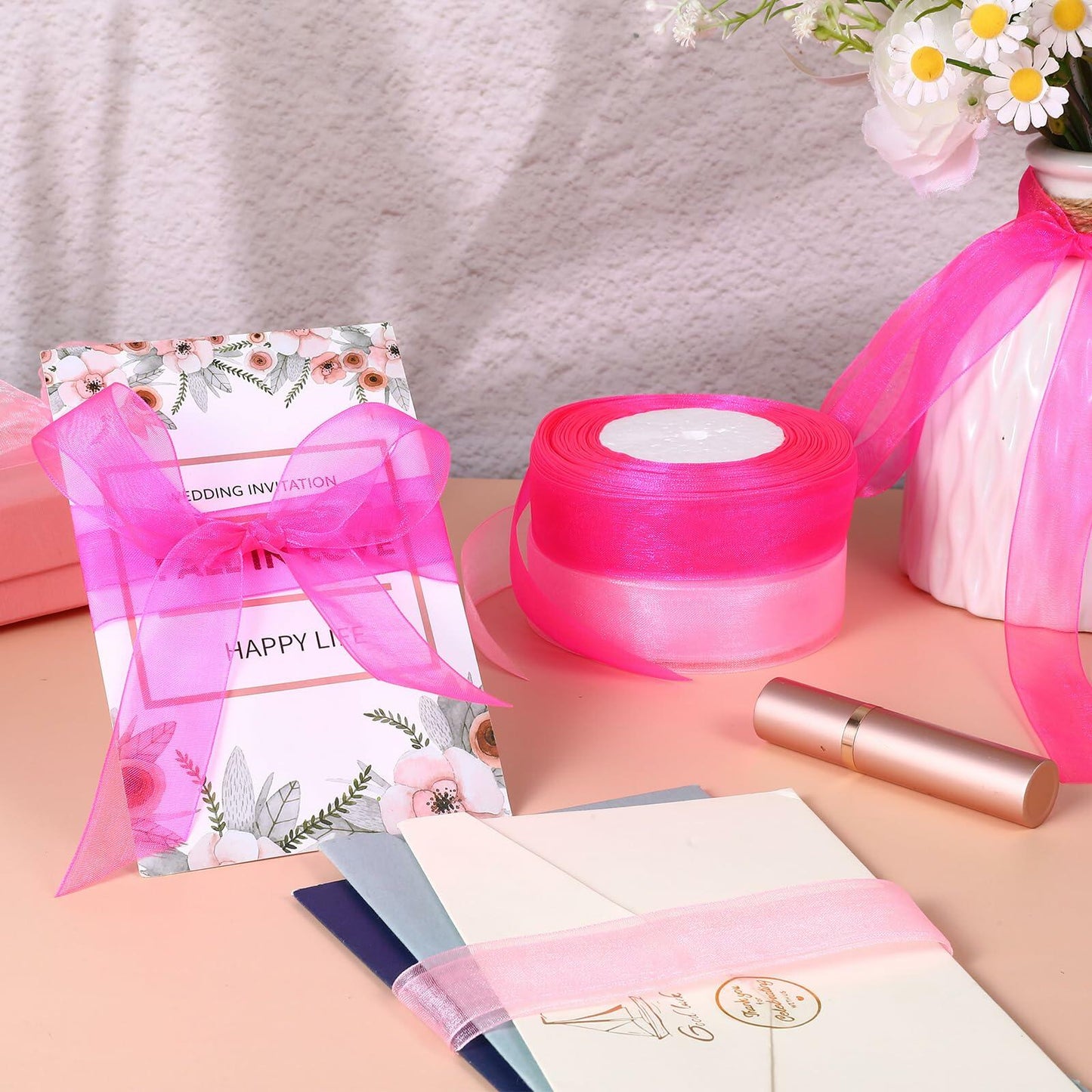 2 Rolls Hot Pink Chiffon Ribbon 1 Inch x 50 Yards Sheer Gift Wrap Crafts