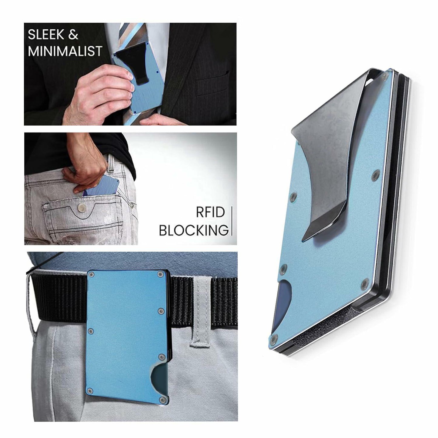 Generic Minimalist Aluminum Credit Card Wallet with Money Clip RFID Blue