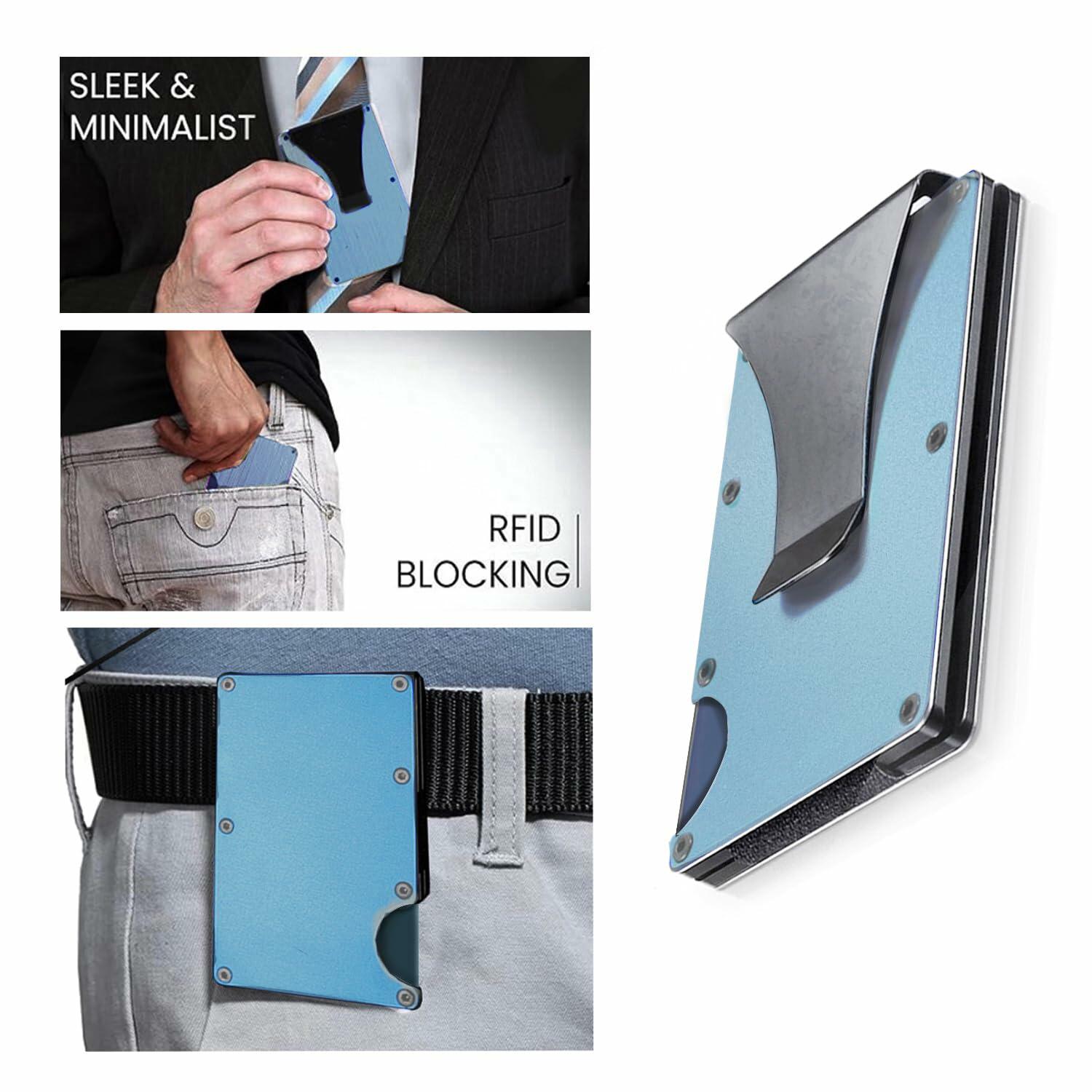 Generic Minimalist Aluminum Credit Card Wallet with Money Clip RFID Blue
