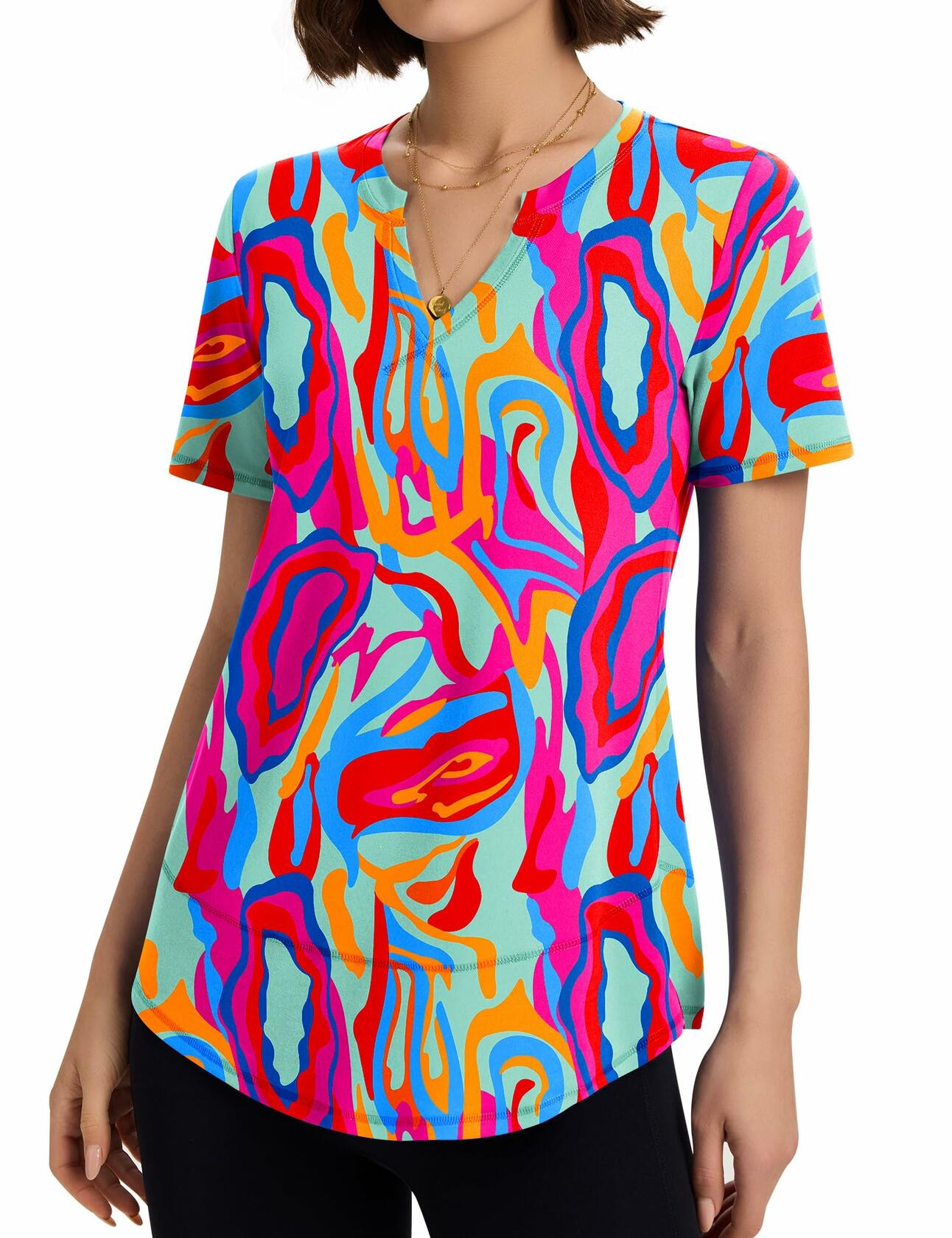 TCOT Women's Athletic Short Sleeve Gym Workout Shirt B Rose Red Printed Size 3XL