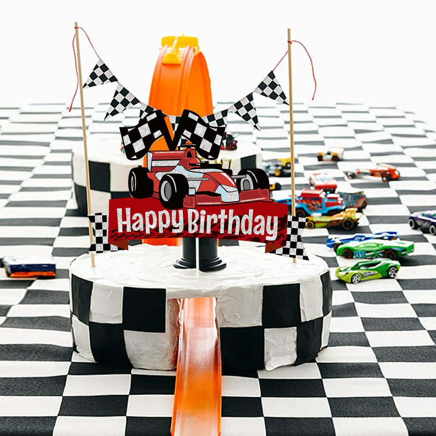 EQ EvaIrisQing Glitter Race Car Cake Topper Birthday Decor Checkered Flag