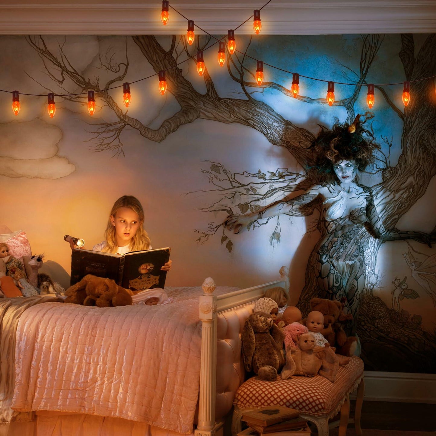 Abeja 25Ft C7 Orange String Lights 27 Bulbs Black Wire Vintage Halloween