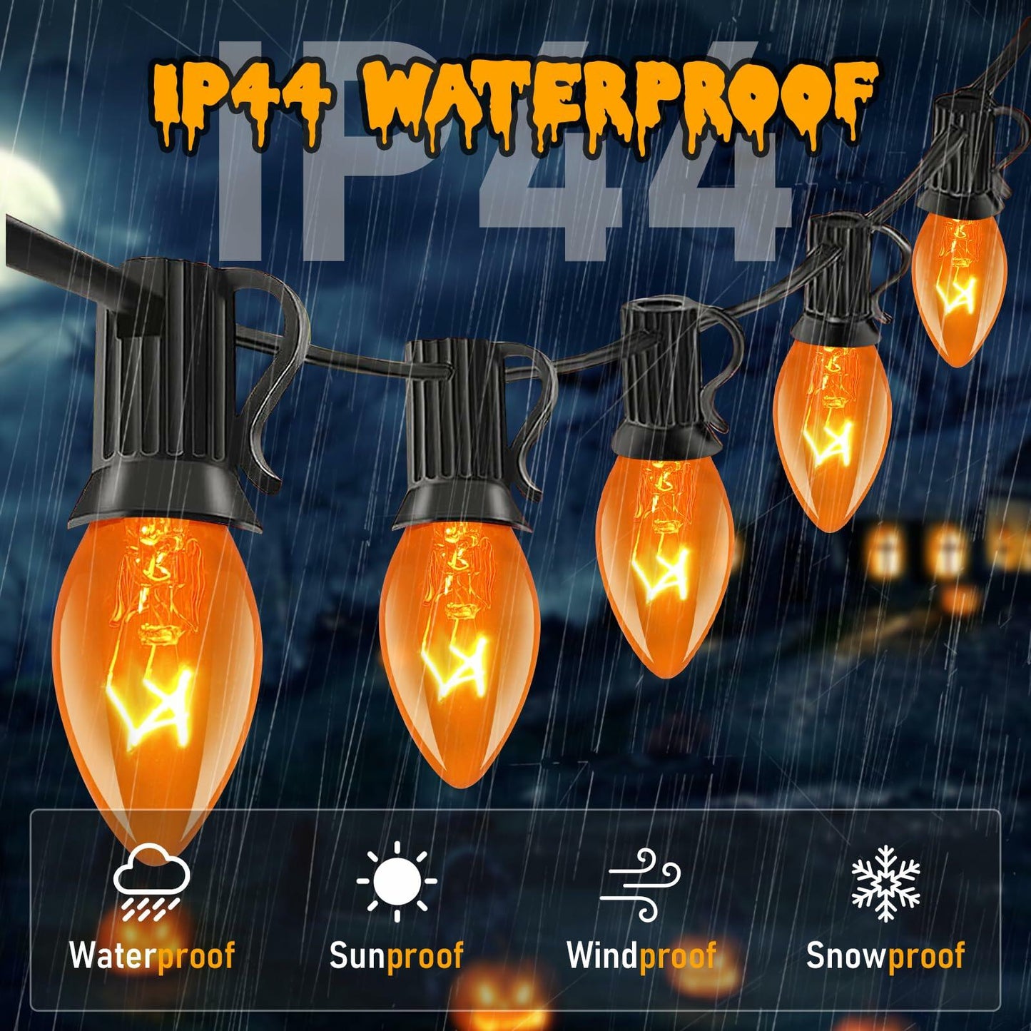 Abeja 25Ft C7 Orange String Lights 27 Bulbs Black Wire Vintage Halloween