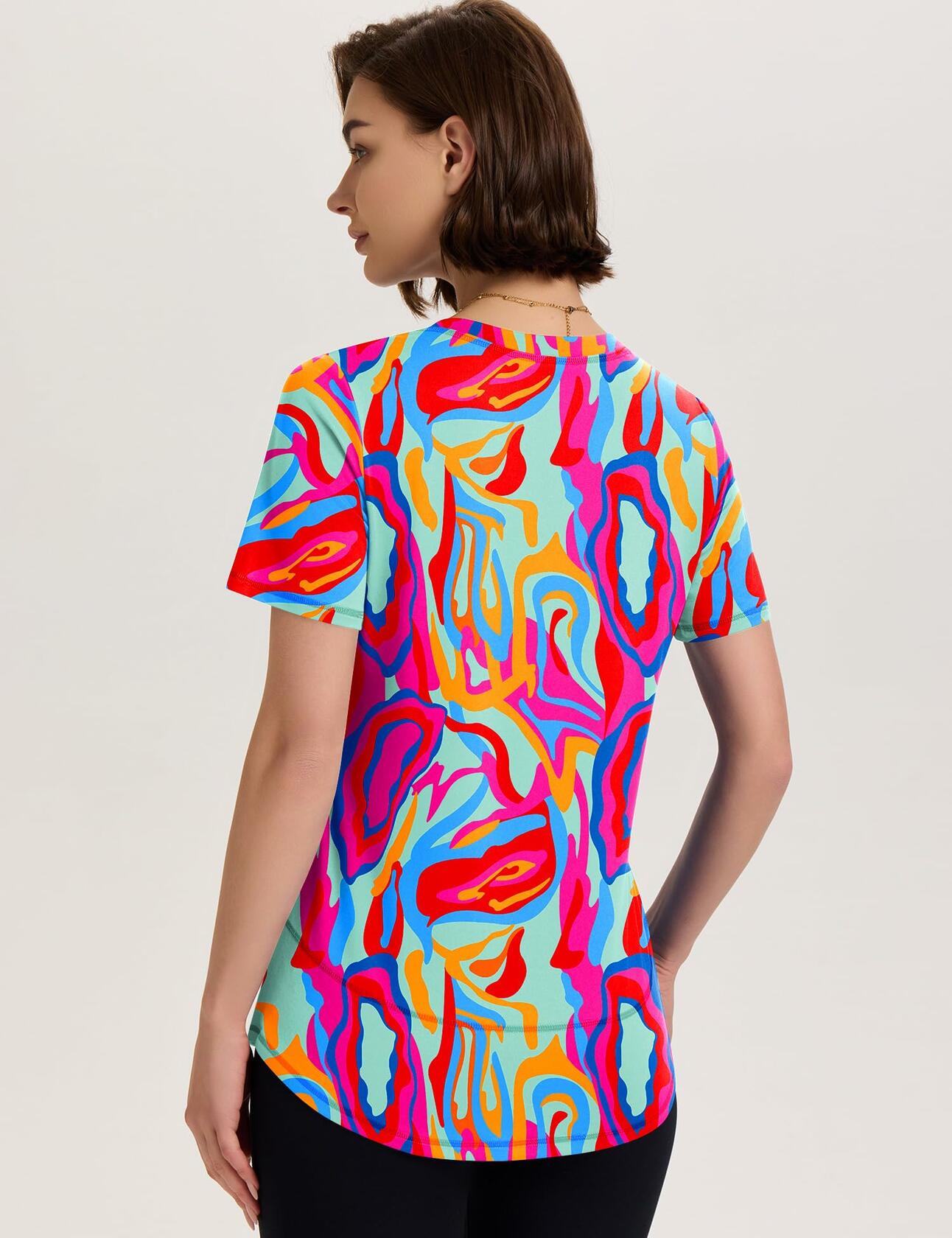 TCOT Women's Athletic Short Sleeve Gym Workout Shirt B Rose Red Printed Size 3XL