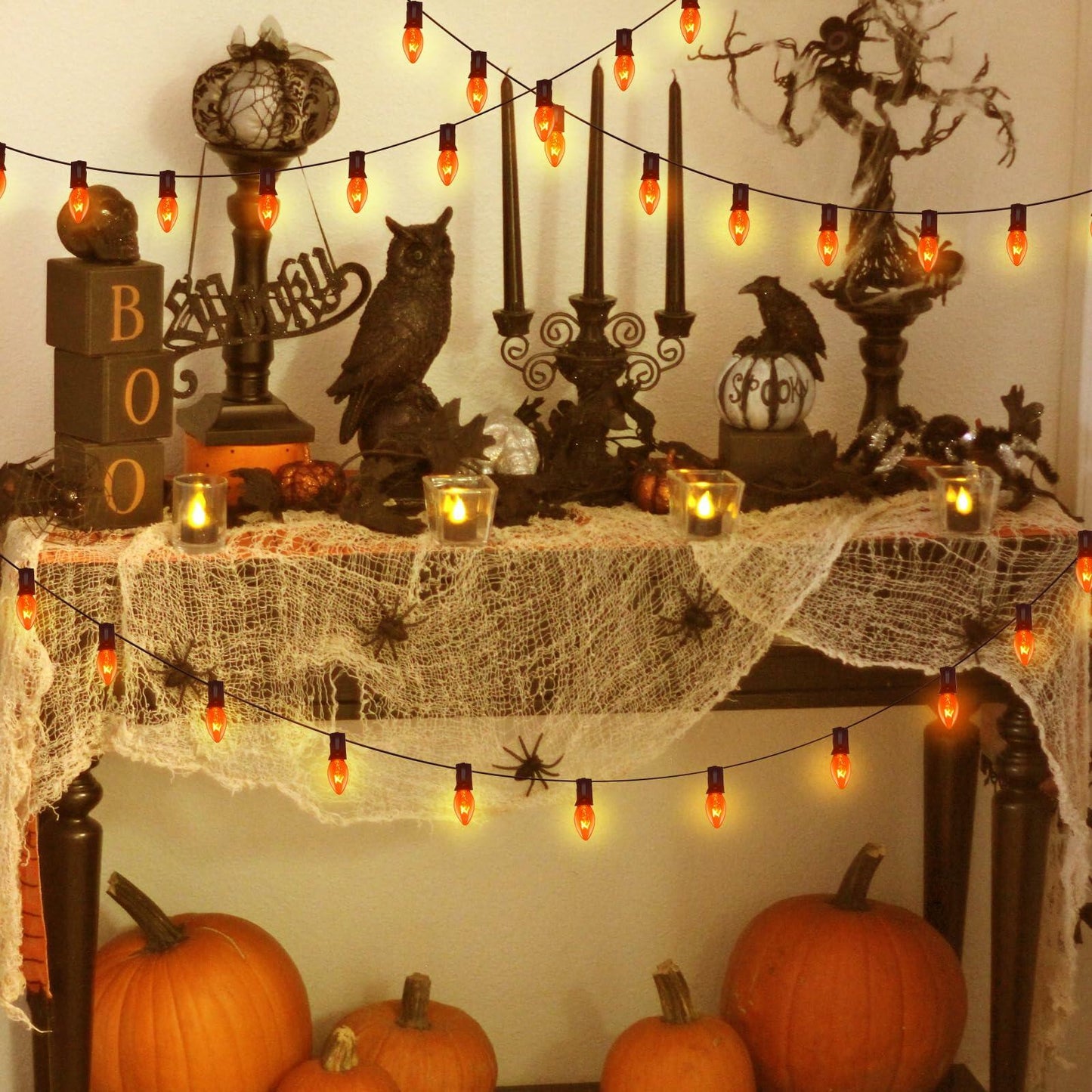 Abeja 25Ft C7 Orange String Lights 27 Bulbs Black Wire Vintage Halloween