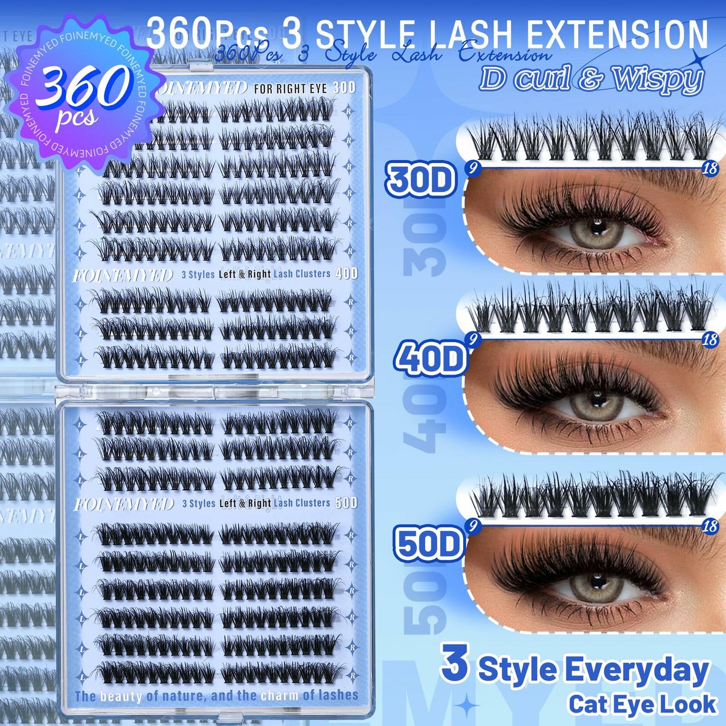 FOINEMYED Lash Clusters 360 Pcs 9-18mm Cat Eye Wispy D Curl Natural