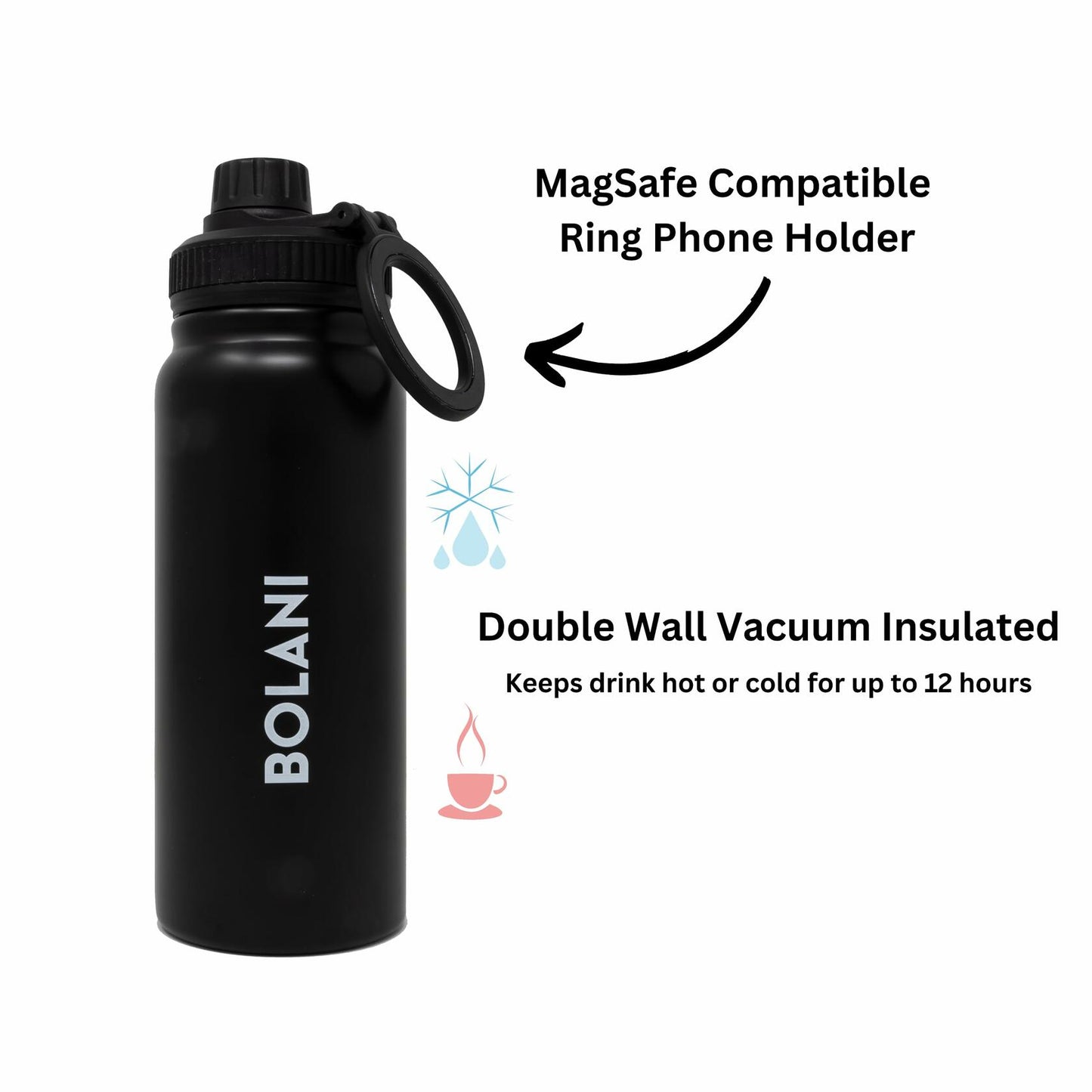 BOLANI MagSafe Water Bottle Stainless Steel 24oz White Insulated Leak Proof