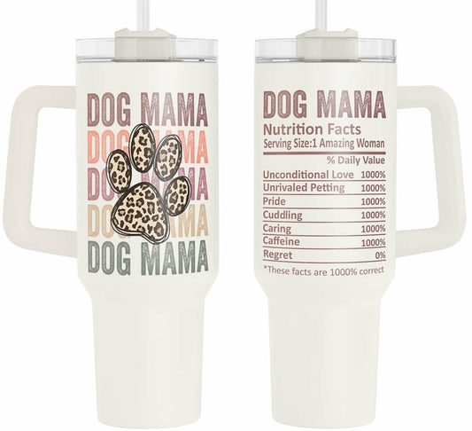 Fancyfams 40oz Stainless Steel Tumbler Dog Mama Handle Lid Straw Cream