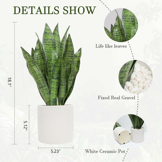 Anewsun Faux Snake Plant Set of 2 with White Ceramic Pots 13.78 Inch Green