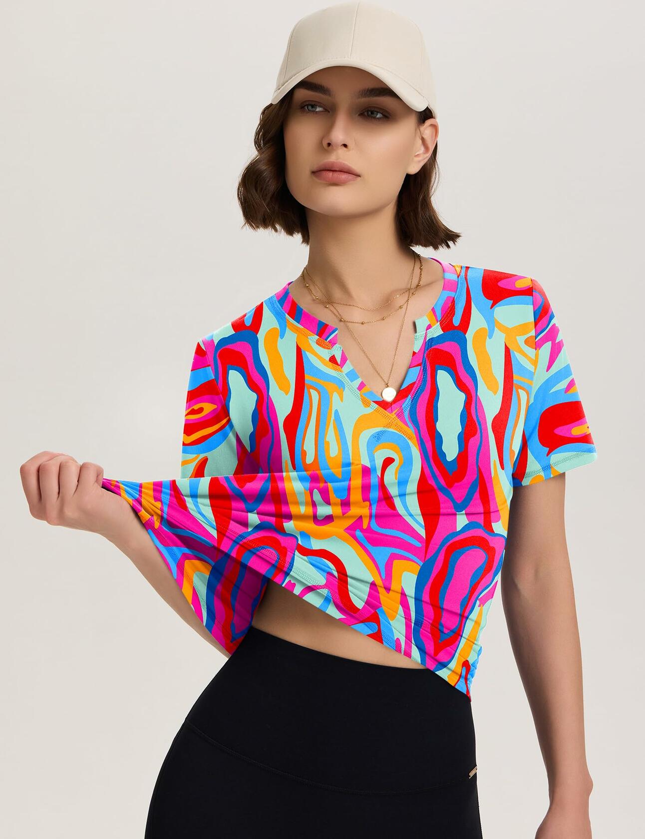 TCOT Women's Athletic Short Sleeve Gym Workout Shirt B Rose Red Printed Size 3XL