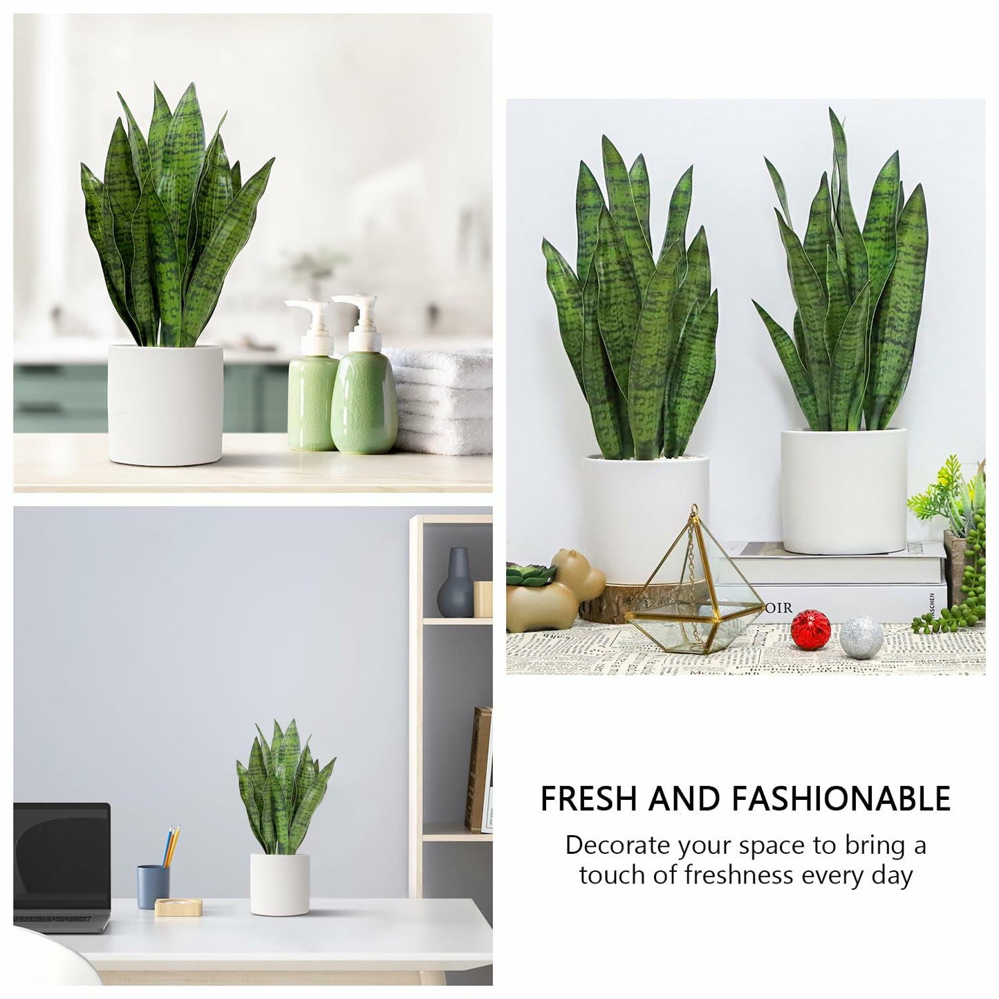 Anewsun Faux Snake Plant Set of 2 with White Ceramic Pots 13.78 Inch Green