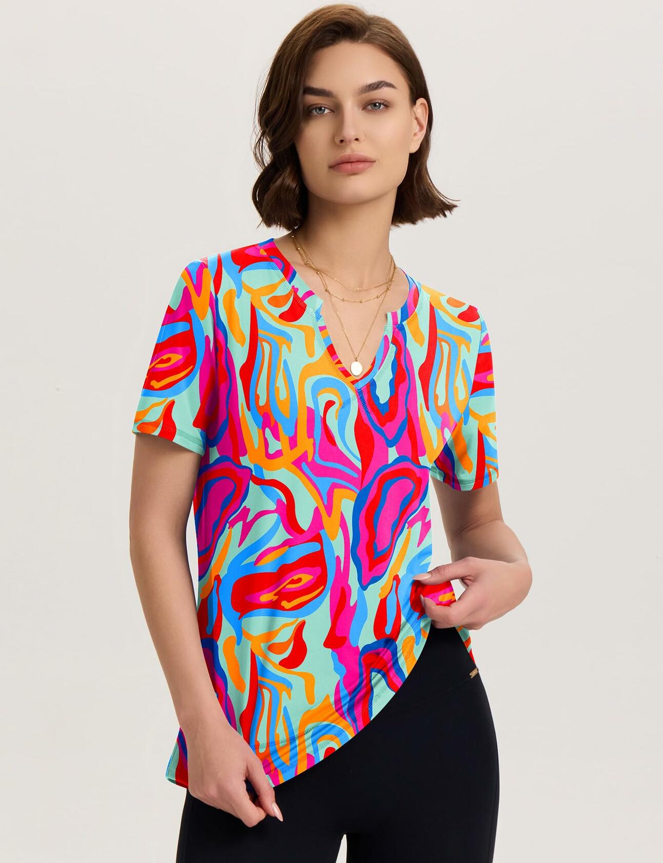 TCOT Women's Athletic Short Sleeve Gym Workout Shirt B Rose Red Printed Size 3XL