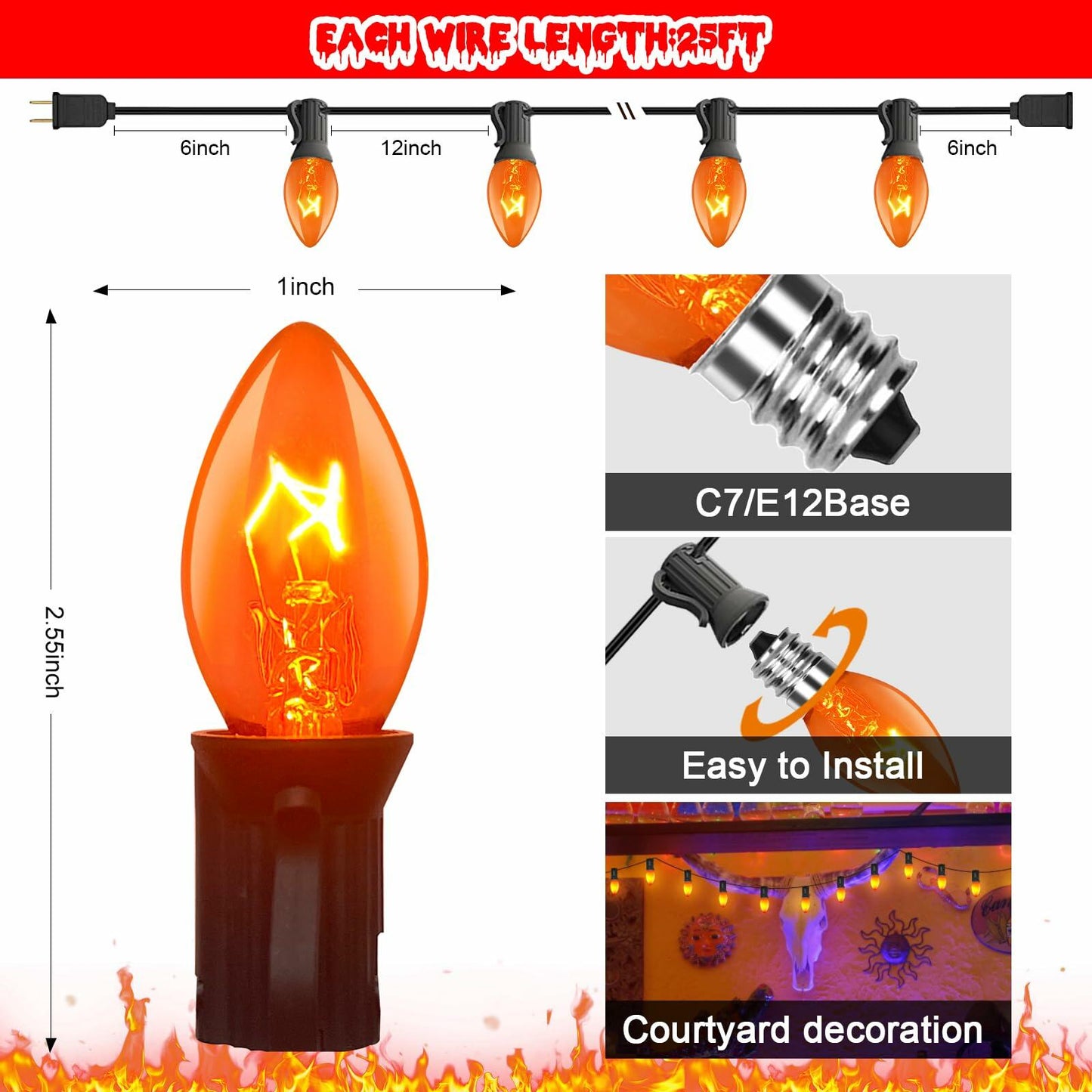 Abeja 25Ft C7 Orange String Lights 27 Bulbs Black Wire Vintage Halloween